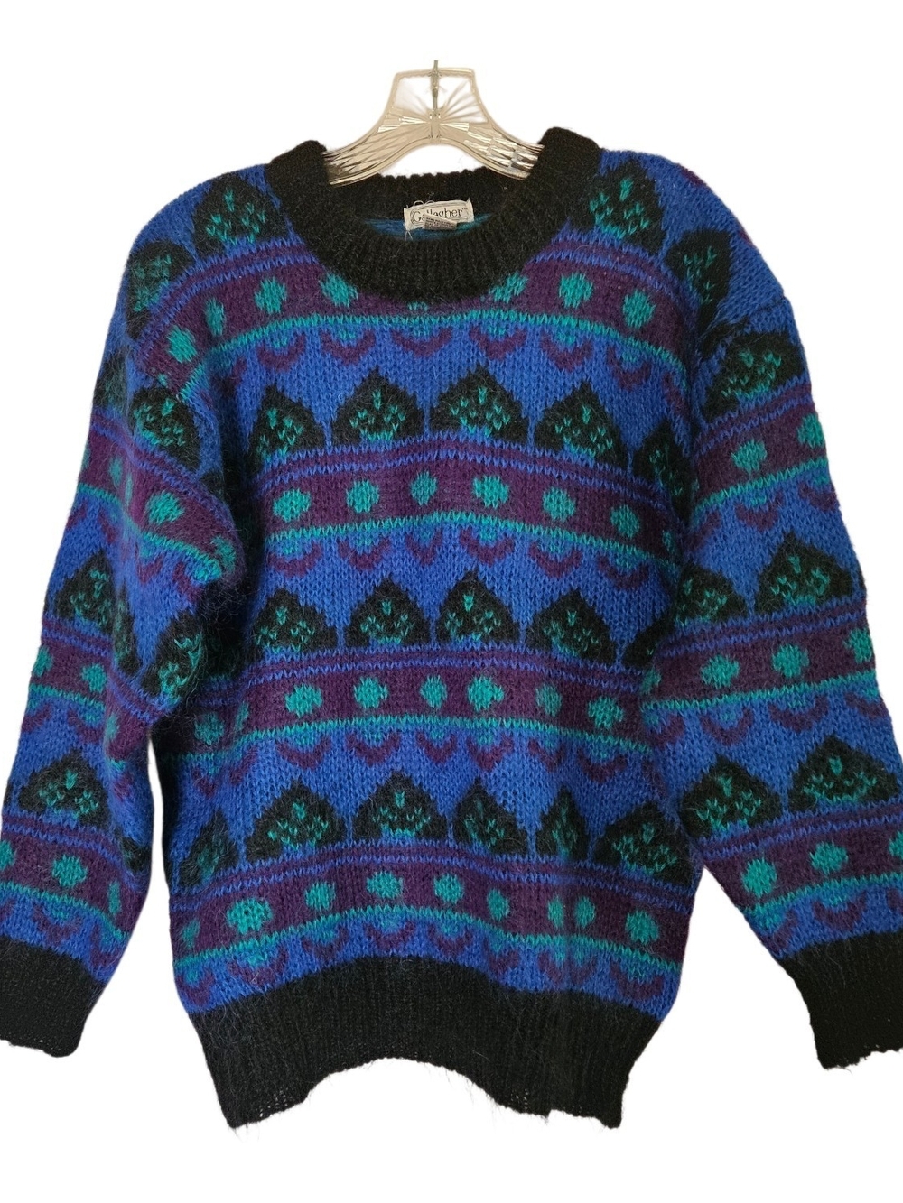 Vintage 80s Geometric Fair Isle Knit Sweater Gallagher Mohair Acrylic Womens M